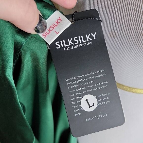 SilkSilky Pure Silk Classic Binding Trim Pajama Top Green - Picture 5 of 9